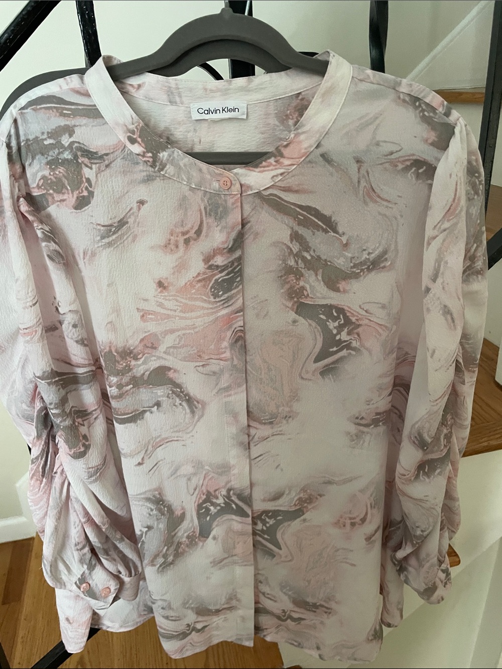 Calvin Klein Pink and Gray Marble-Print Long-Sleeve Blouse
